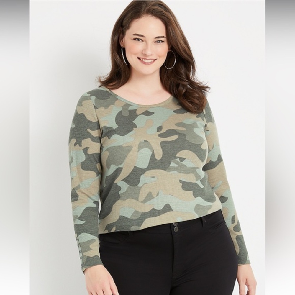Maurcies Plus Size Olive Camo Waffle Long Sleeve Tee size 1X